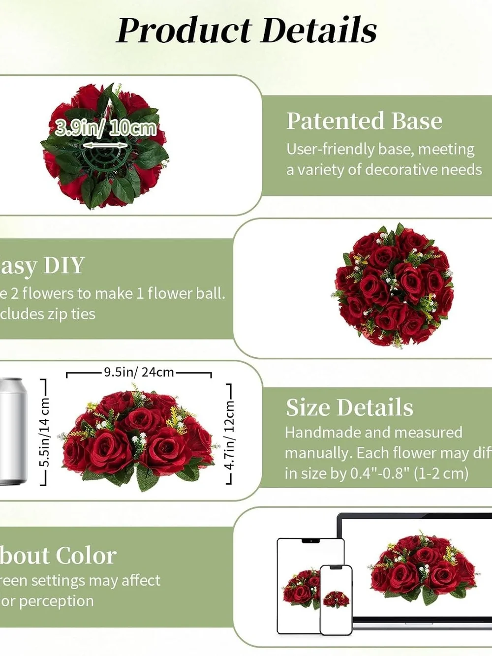 Blosmon Rose Flower Balls For Table Centerpieces, Crimson, 2 Pcs, Reusable